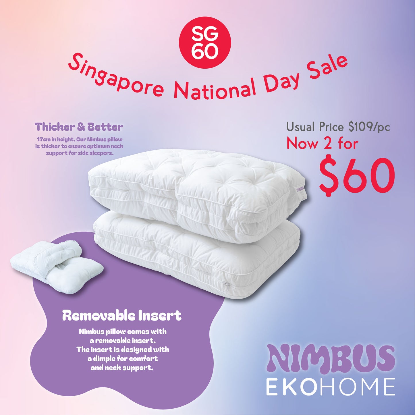 SG60 SPECIAL 2 for $60 Ekohome Nimbus Height Adjustable Pillow